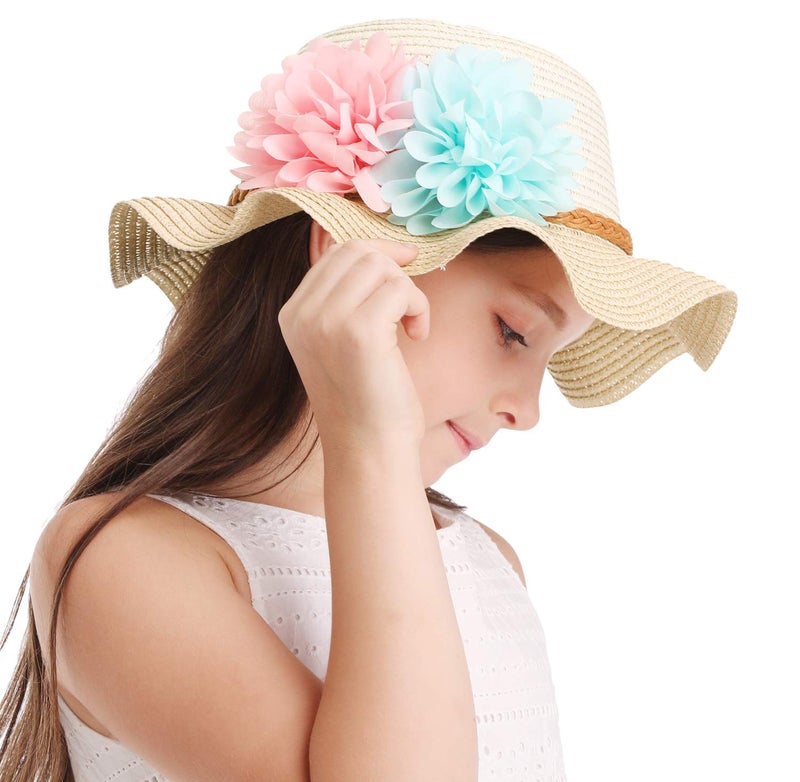 Bienvenu Little Girls Straw Floral Wide Large Brim Beach Sun Hat Cap,Flower Beige - Image 1